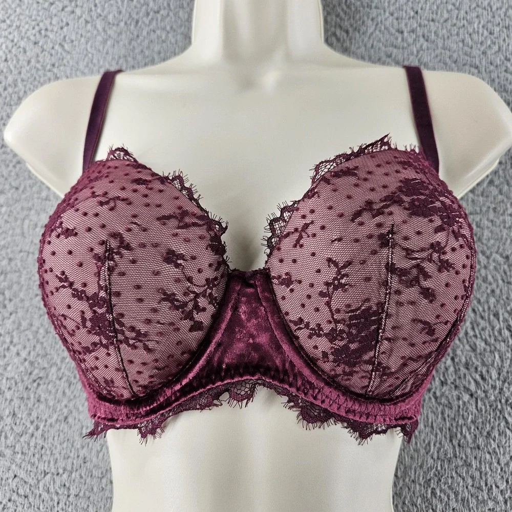 Victoria's‎ Secret Bra 34DD Burgundy Dream Angels Lined Demi Lace Mesh Underwire